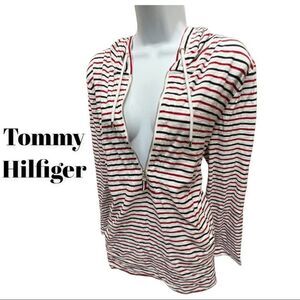 Tommy Hilfiger Terry Cover Up Hoodie Pullover Stripe‎ Zip Flag Beach Lounge Cozy
